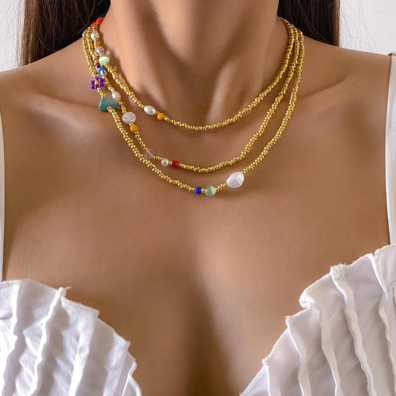 

Choker Bohemia Vintage Fashion Gold Beaded Multilayer Chain Necklaces Trendy Irregular Imitation Pearl Opal Necklace Jewelry For Women