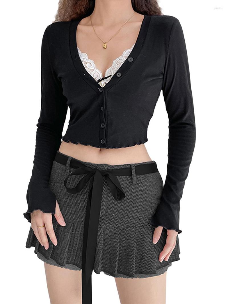 

Women' T Shirts Women Lace Edge Shirt Tops Long Sleeve Button Faux-Two Crop Top Fall Clothes, Black