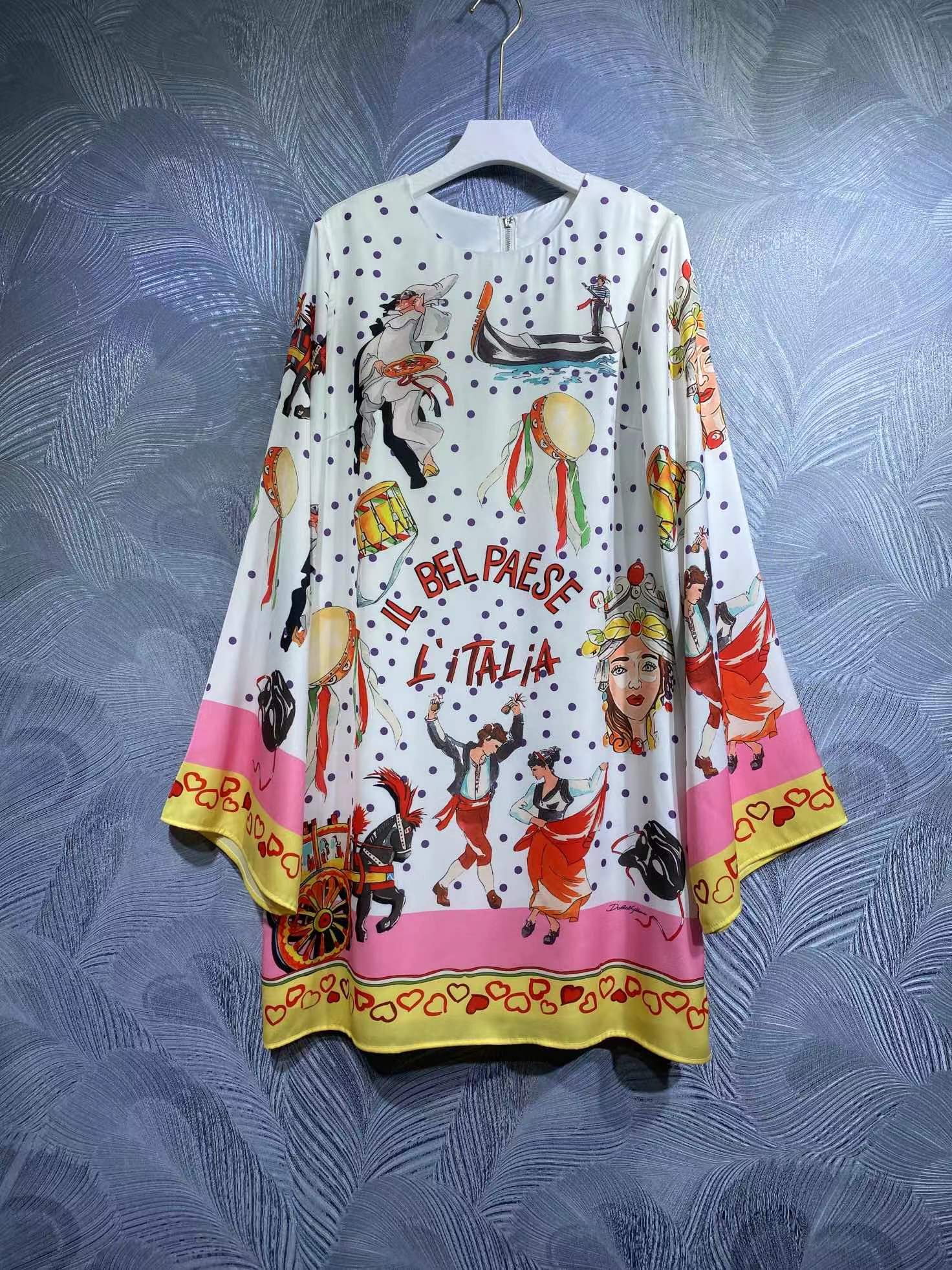 

High-quality printed flare-sleeves loose-waist silk blend dress, As picture