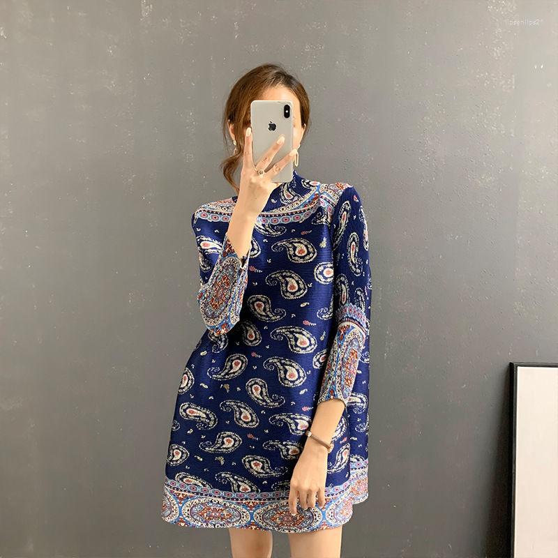 

Casual Dresses Dress For Women Pleated Retro Female 2022 Autumn Fashion National Wind Stamp Large Loose Thin A Word Clothing, Blue