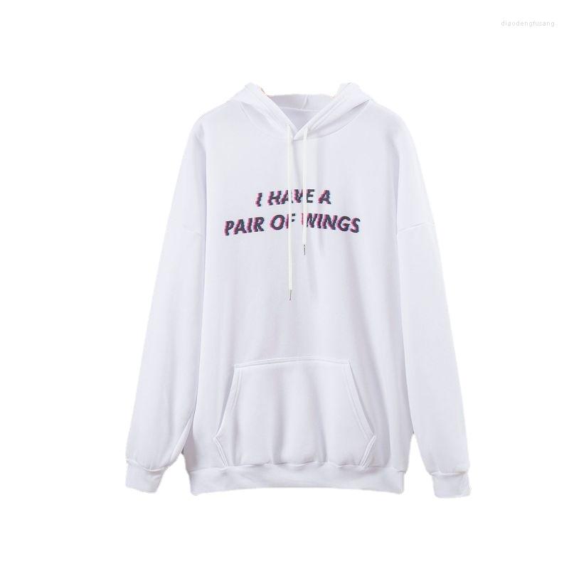 

Women' Hoodies Fashion Sporty High Street Autumn Winter Letter Wing Printing Pocket Sweater Hooded Long Sleeve Ladies Outer, White