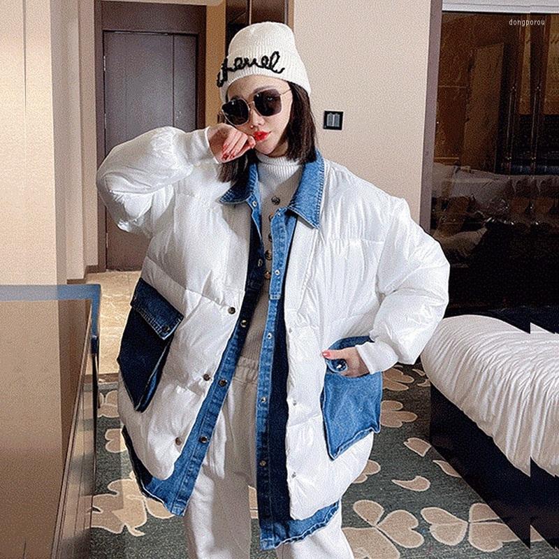 

Women's Trench Coats Winter Korean Women Denim Stitching Cotton Padded Coat Beige-gray White Black Dark Green Lapel Long Sleeve Female