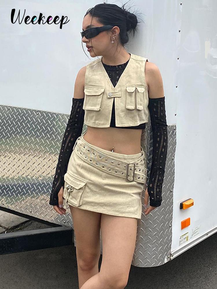 

Skirts Weekeep Women Cargo Denim Vintage Belt Low Rise Pocket Patchwork Straight Mini Sexy Streetwear Outfits Ladies Y2k, Only tank