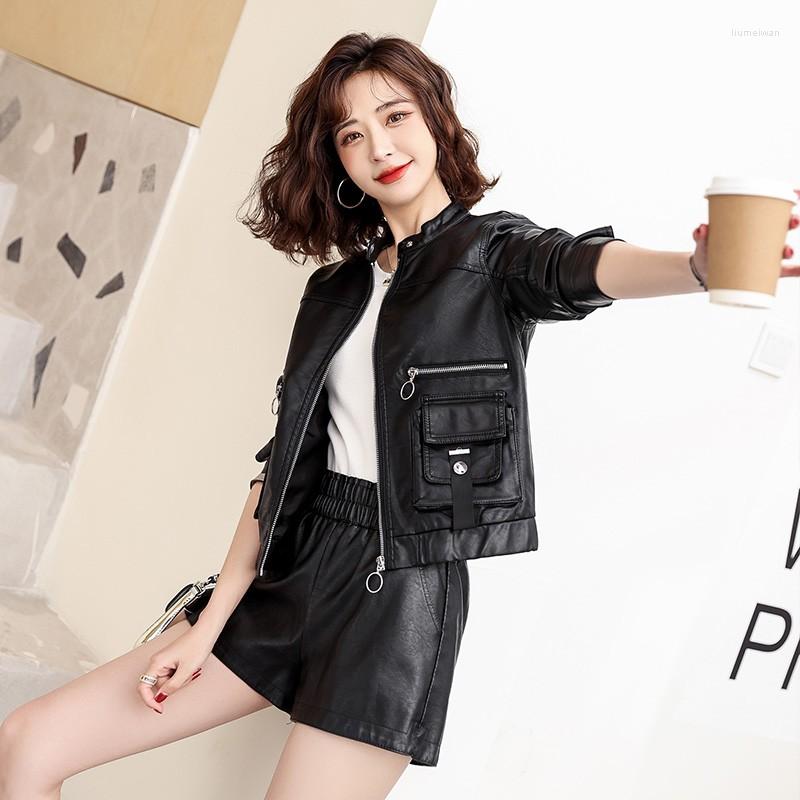 

Women' Leather Women' Faux Jacket Spring Korean Casual Loose Black Female Streetwear Oversized Coat PU Motorcycle Short Overcoat