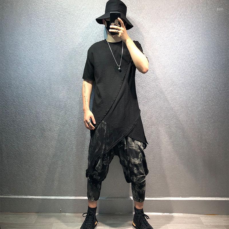 

Men' T Shirts Original Personality Fake Two Mesh Stitching Loose T-shirt Asymmetrical Top Fashion Large Size Pure Color, Black