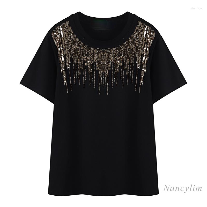 

Women' T Shirts Heavy Embroidery Sequins Beaded Cotton Short Sleeve Loose T-shirt Woman 2022 Summer Clothing Black Tops Camisetas De Mujer