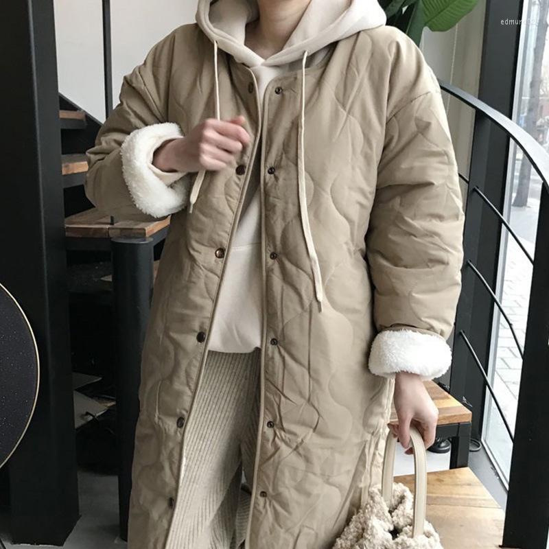 

Women's Trench Coats Korean Chic Thickened Cotton Lined Rhombic Pattern Jacket Loose Medium Long Style Two Sides Wear Lamb Wool, Black