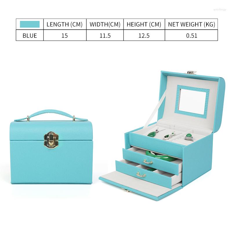 

Jewelry Pouches Light Blue Pu Leather Display Box With Mirror For Femal Ring Earing Pendent Bracelet Showcase Jewellery Holder Portable
