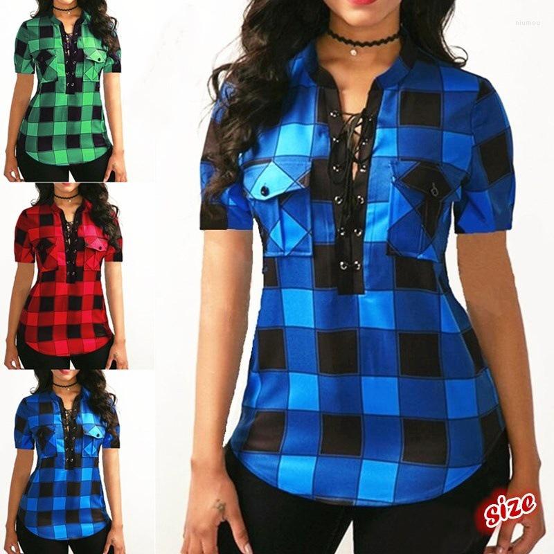 

Women' Hoodies Women Plaid Shirt Short Sleeve Turn Down Collar Color Matching Lace Up Pullovers Printed Casual Female Summer Fashion Wild, Blue