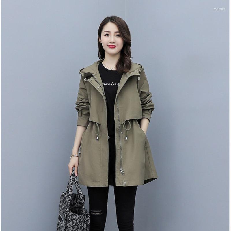 

Women's Trench Coats Spring Autumn Mid-Length Windbreaker Women Loose Casual Hooded Coat Female Femme Outerwear Top Manteau Hiver, Military coffee