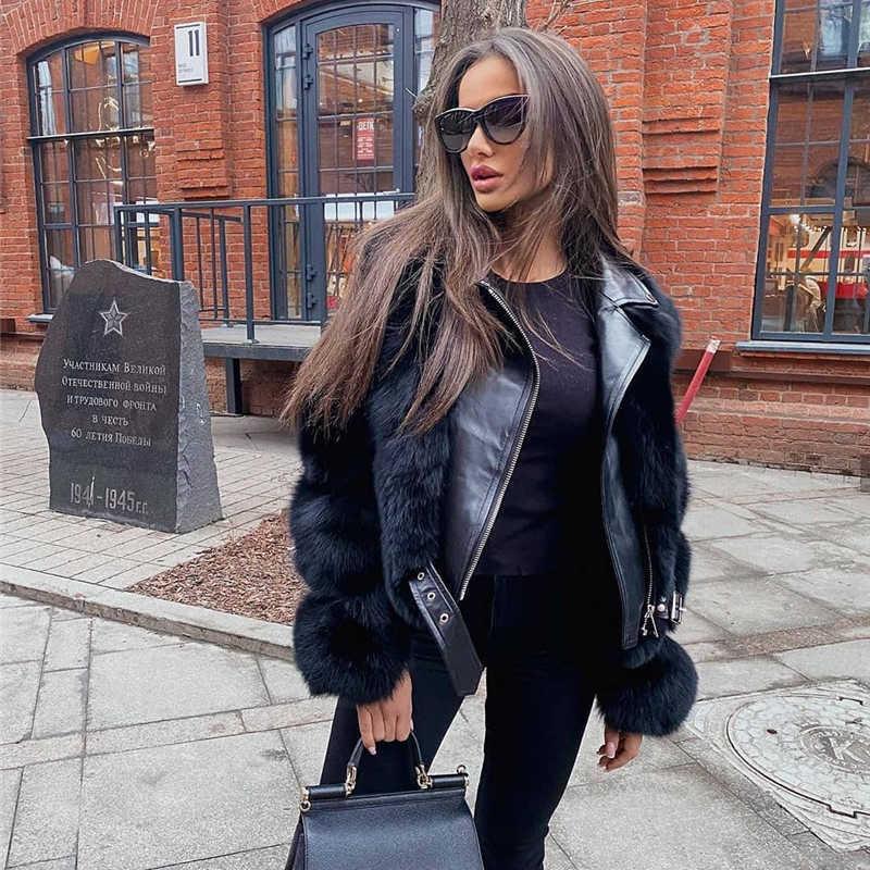 

Women Faux Fur Coat with Fox Fur Winter Fashion Motocycle Style Luxury Fox Fur Leather Jackets Woman Trendy Overcoats, White