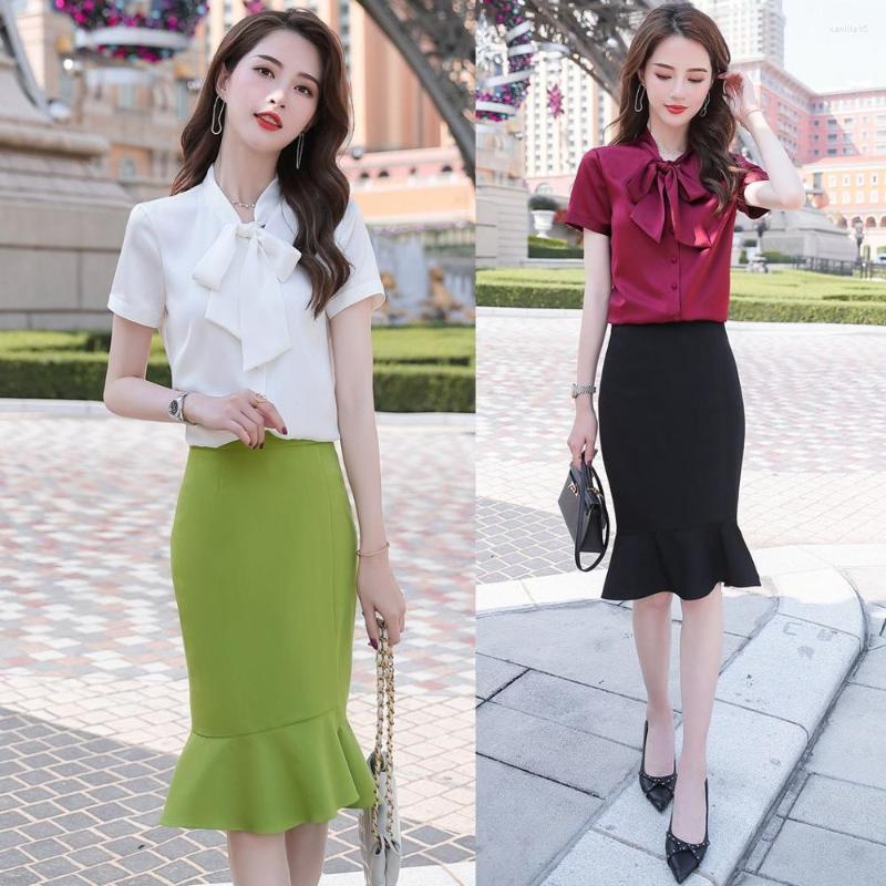 

Women's Blouses Summer Fashion Women Work & Shirts Office Ladies 2 Piece Skirt And Top Sets Short Sleeve White, Blouse only