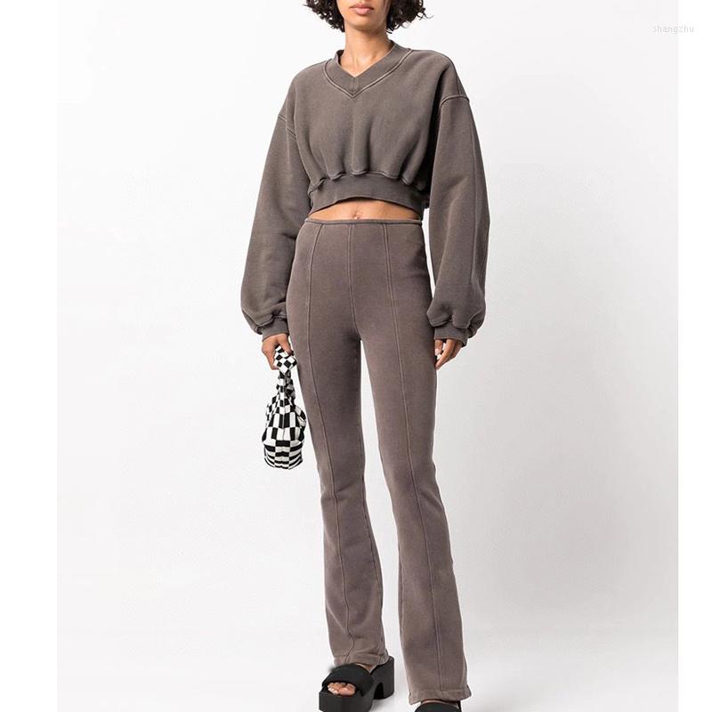 

Women's Two Piece Pants 22 Early Autumn Runway Loose Sweater Set Women Fashion V Neck Long Sleeve Crop Jumper Elastic Waist Flare Pant, Black pant