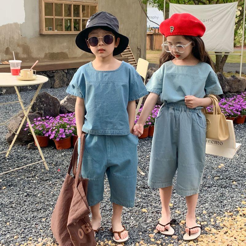 

Clothing Sets 2022 Kids Summer Denim Children Clothes Suit Baby Girls Short Sleeve Top And Jeans Two Piece Set Korea Boys Outfit, Blue