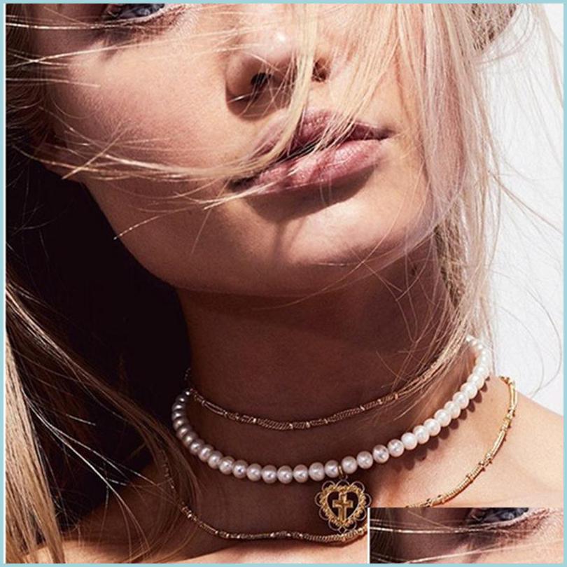 

Pendant Necklaces Retro Girl Hollow Love Cross Pendant Pearl Necklace Chocker Clavicle Chain Necklaces Jewelry For Women Bea Vipjewel Dhrqc