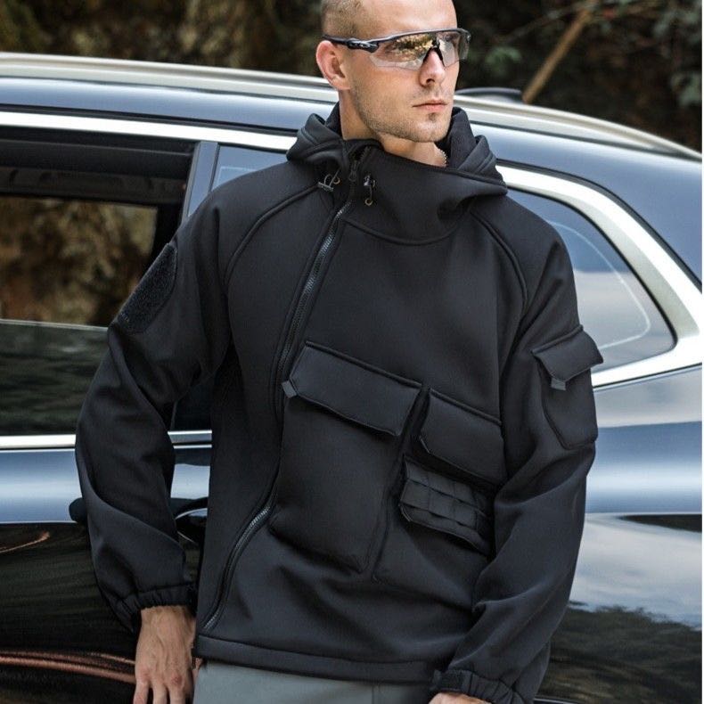 

Tcha wind soft shell jacket male rushing outdoor autumn and winter warm function windproof tide tactical wear-resistant padded jacket, Black