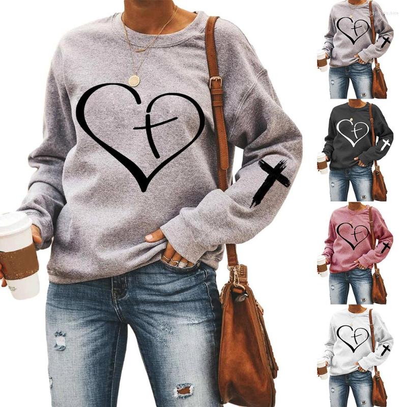 

Women' Hoodies Womens Heart Printed Long Sleeve Pullover Crew Neck Loose Sweatshirt Casual Tops Ladies Outwear Clothes Shirt, Dark grey