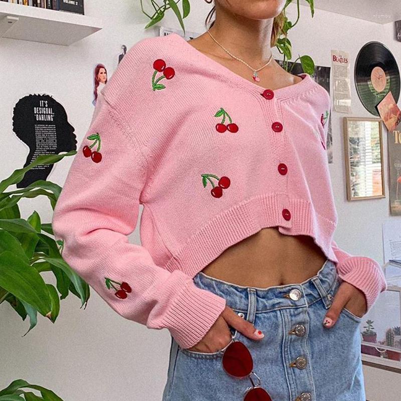 

Women' Knits Soft Girl Pink Cherry Cardigan Cute Embroidered Crop Knit Sweater Aesthetic Y2K Clothes