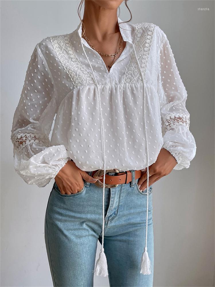 

Women' Blouses CHRONSTYLE Women Elegant Shirts Long Lantern Sleeves Dot Jacquard Loose V-neck Lace-up Streetwear Chiffon Tops OL 2022