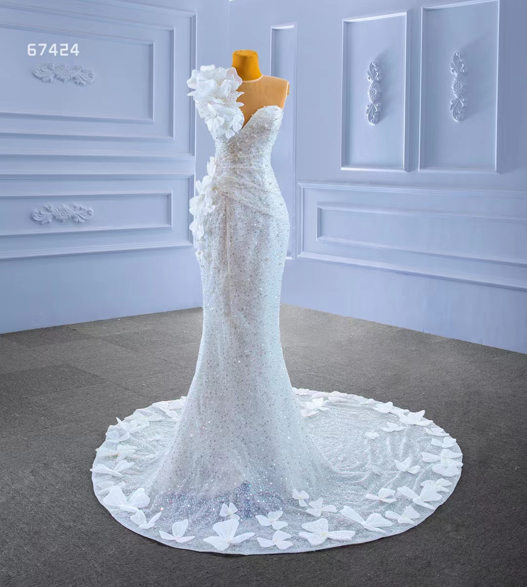 

Elegant floral strapless sequins beaded wedding dress SM67424, White