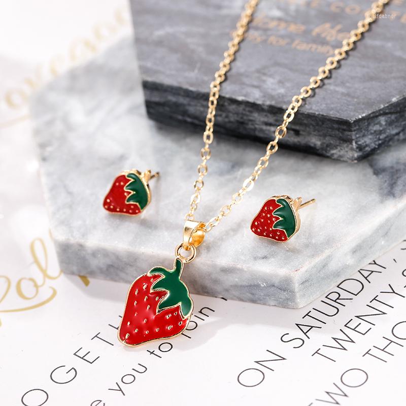 

Necklace Earrings Set 2022 Fashion Kids Birthday Gift Trendy Cute Lovely Enamel Fruit Strawberry Pendant Earring For Women Girl, Picture shown