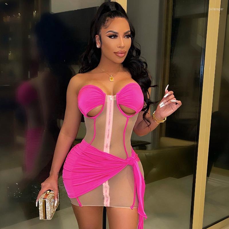 

Casual Dresses Women Summer Fashion Dress Patchwork See-Through Strapless Off-Shoulder Zipper-Open Tight For Ladies Rose Red  M L