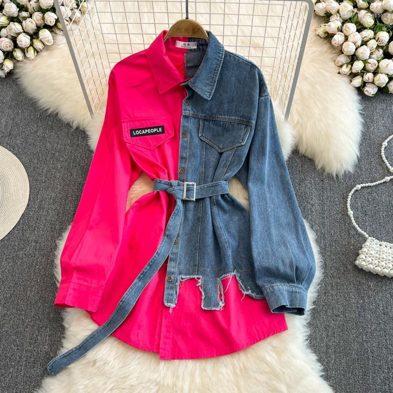 

Women's Blouses Women's & Shirts Patchwor Denim Clothes Arrival Two Color Slim Waist Shirt With Belt Irregular Long Sleeve, Green