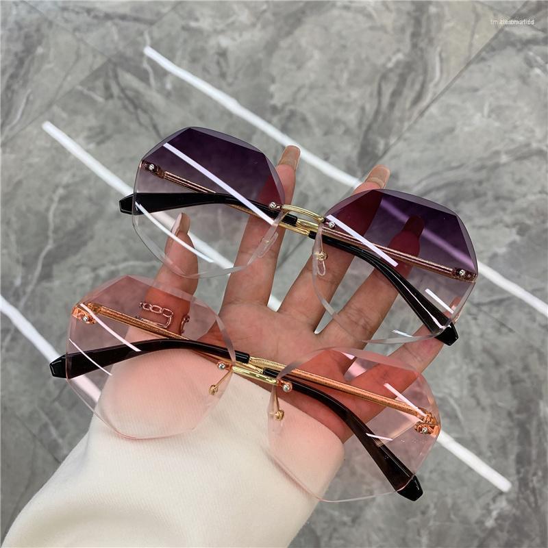 

Sunglasses Polygon Frameless Clip Shades Sun Glasses For Women 2022 Retro Vintage Luxury Designer Oversized Fashion WomenSunglasses