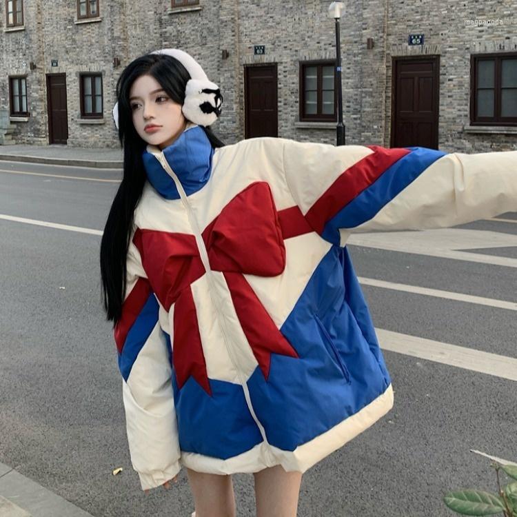

Women's Trench Coats Bow Tie Cotton Dress Stand Collar Korean Version Design Feeling Loose Winter Thickened Warm Medium Length C2157, White