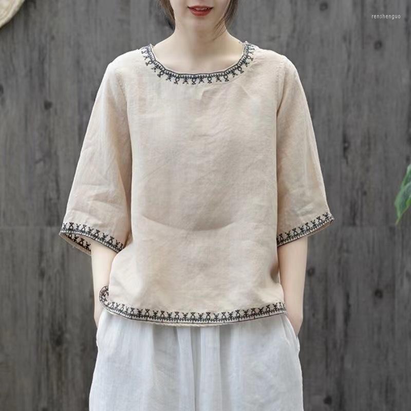 

Ethnic Clothing Vintage Cotton Linen Blouse Chinese Oriental Style Summer Shirt Solid Color Embroidered Top Ladies Casual