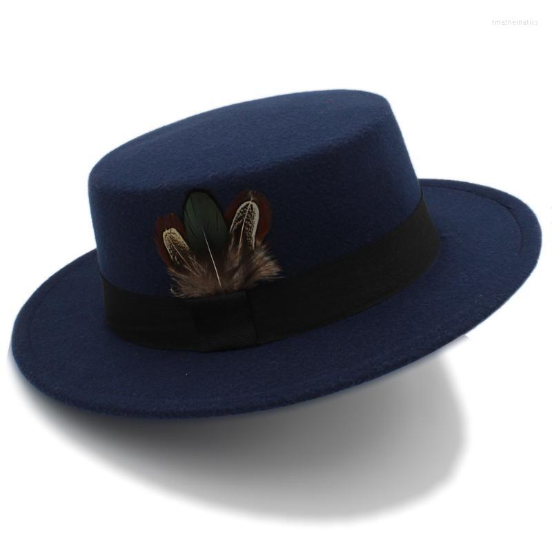 

Berets Winter Autumn Women Flat Fedora Hat For Elegant Lady Wool Pork Pie Boater Sombrero Mujer With Feather Fascinator HatsBerets, Black