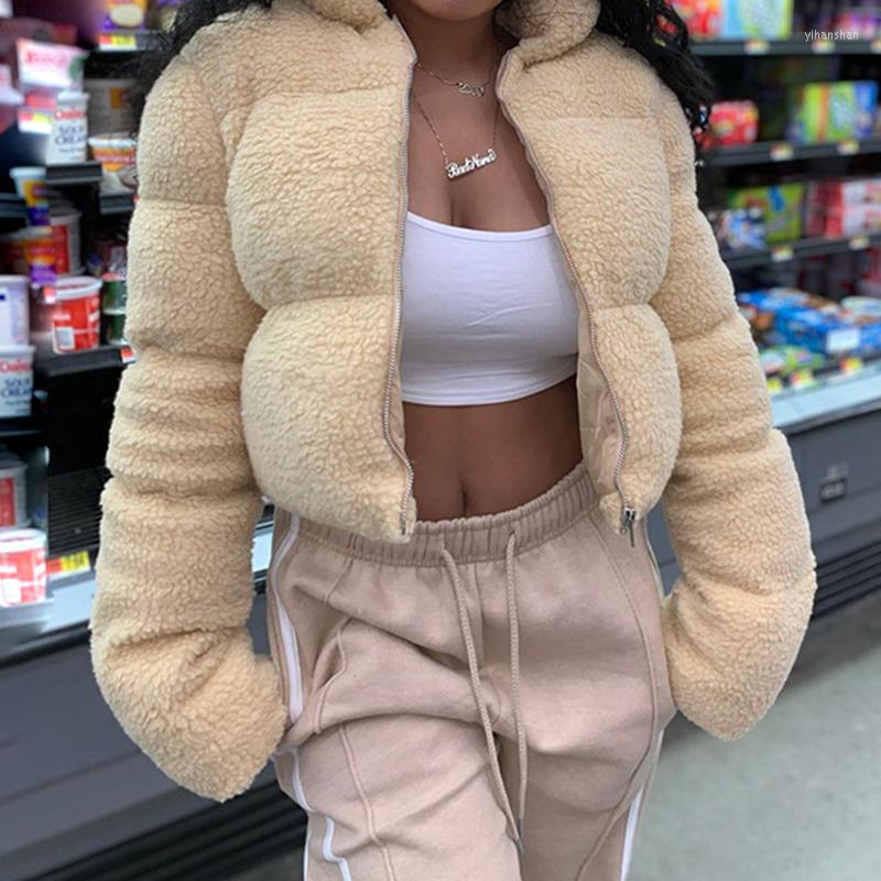 

Women' Trench Coats Autumn Winter Lamb Wool Cotton Coat Stand Collar Fashion Casual Simple Warm Outwear Zipper Khaki Short Jacket