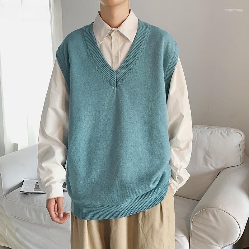 

Men's Vests Men Sweater Vest Solid Simple Daily V-neck Loose Sleeveless Knitted Sweaters Male Casual All-match Ins Chic Korean Streetwear, Sky blue