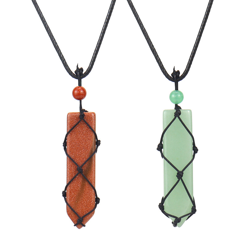 

Sword Shape Natural Stone Pendant Braided Adjustable Black Net Pocket Sweater Chain Necklace Healing Reiki Weave Rope Wholesale