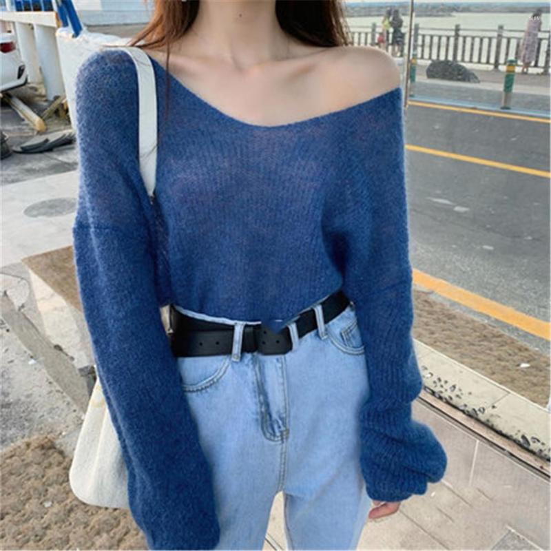 

Women's Sweaters 2022 Korean Women Solid Color Mohair Knitted Sweater V Neck Sweet Autumn Winter Pullover Loose Long-sleeve, Black