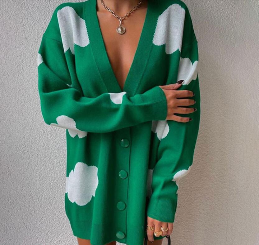 

Women's Sweaters Designer Luxury Print Knitted Cardigan Oversize V-neck Elegant New puff Dress Long Sleeve Knitwear, Pink
