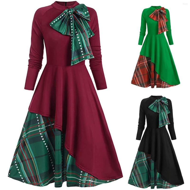 

Casual Dresses Women Bow Printed Pachwork Long Sleeve O-Neck Button Bowknot Plaid Dress Oversized Pure Midi Vintage, Black