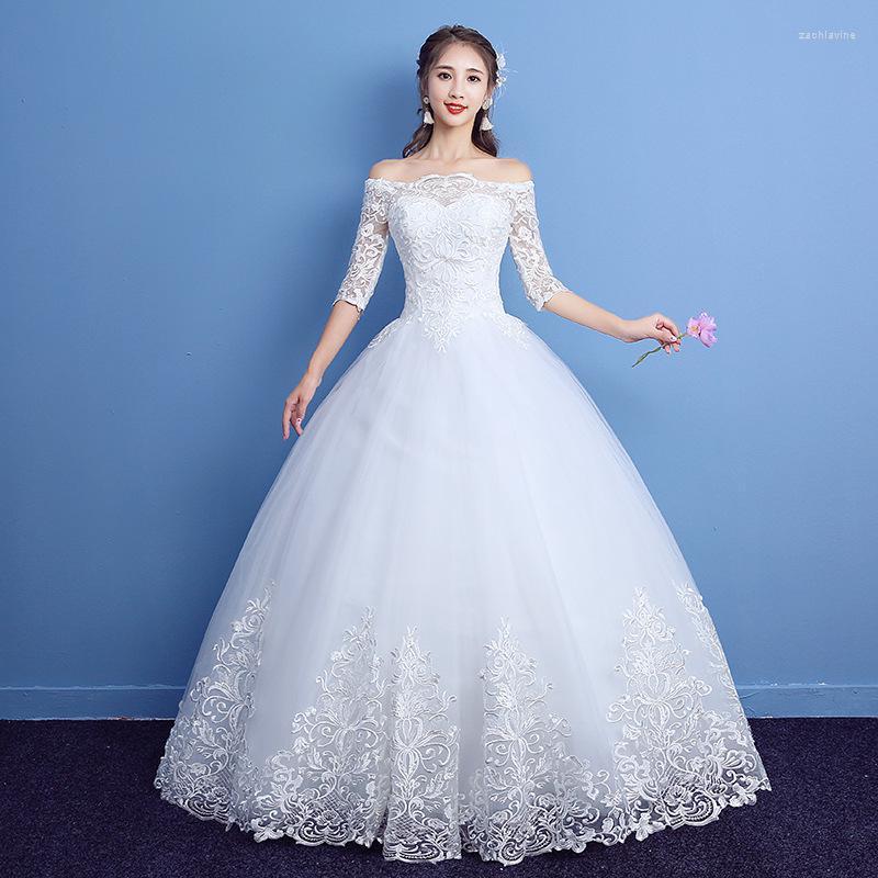 

Wedding Dress 2022 Classic Half Sleeve Boat Neck Lace Off The Shoulder Appliques Customized Bridal Vestido De Noiva L, Off white floor