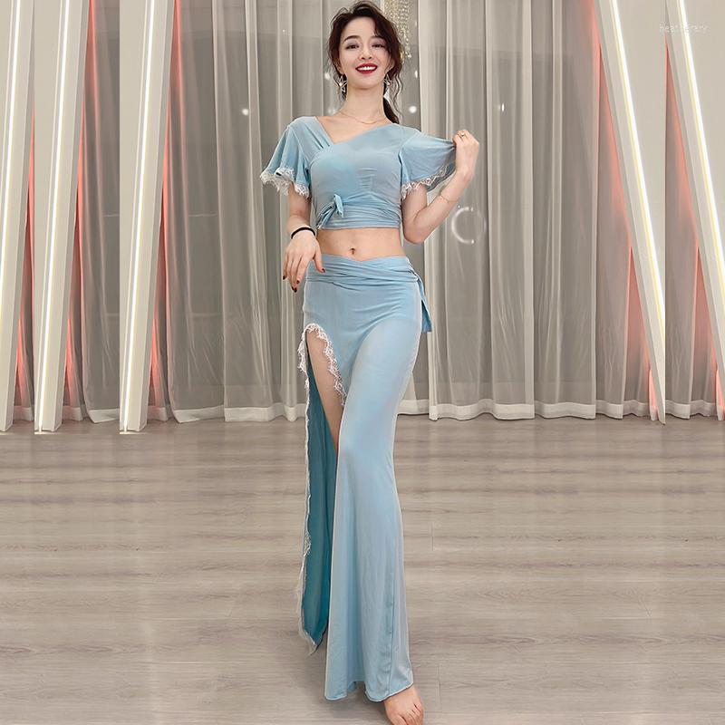 

Stage Wear Belly Dance Practice Clothes Adult Female Summer Suit Long Slit Skirt For Women Oriental Performance E22145, Pale blue
