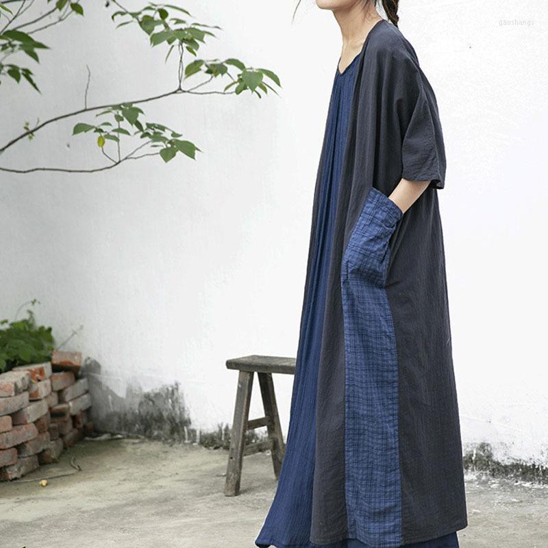 

Women's Trench Coats 2022 Spring Patchwork Cotton Linen Loose Cardigan Coat Women Summer Bat Sleeve Big Size Long Outerwear Mori Girl, Navy blue