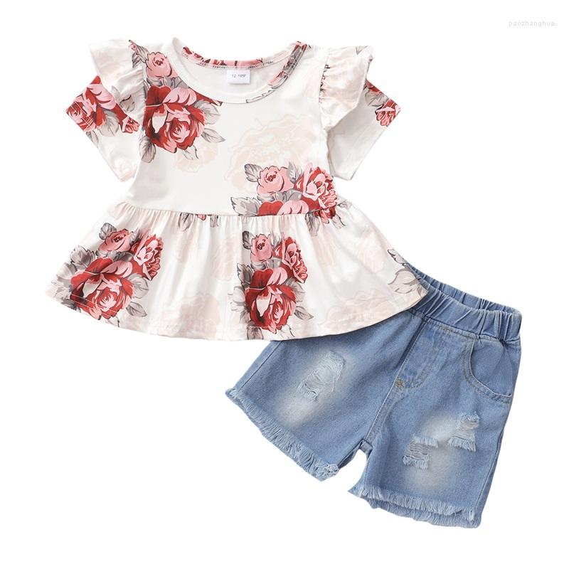 

Clothing Sets Sweet Girls Summer Clothes Floral Print Short Sleeve T-shirt Tops And Casual Ripped Denim Shorts Set, Picture shown