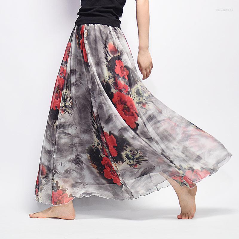 

Skirts Fashion Floral Chiffon Womens Elegant Long Skirt Casual Beach Saias Ladies Summer Woman Female Maxi, 51