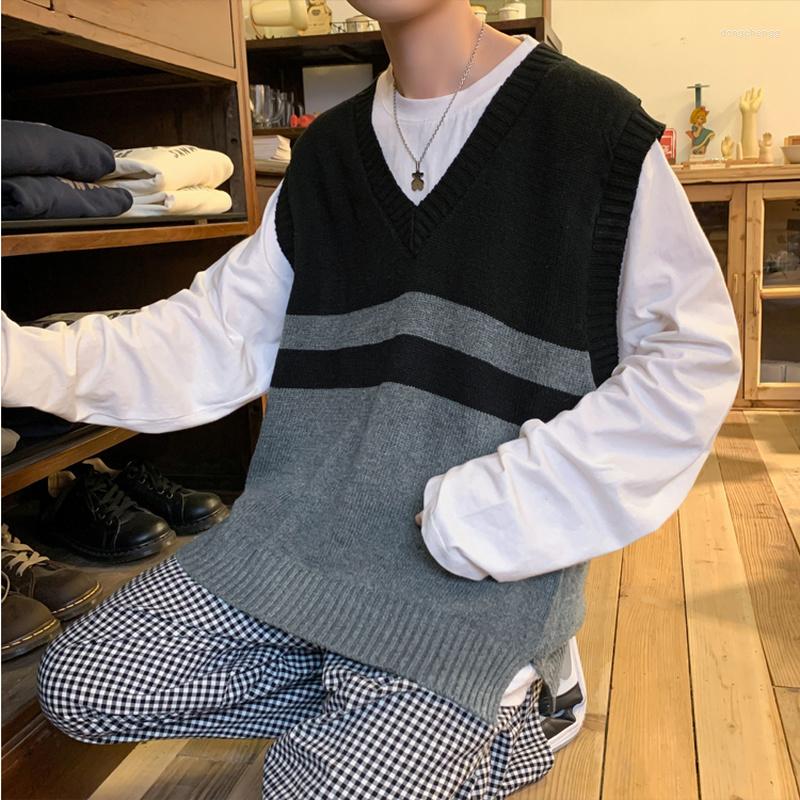 

Men's Vests J GIRLS Striped Sweater Men Side-slit V-neck Oversize Couple Stylish Homme Knitwear All-match Sleeveless Jumpers Chic, Black