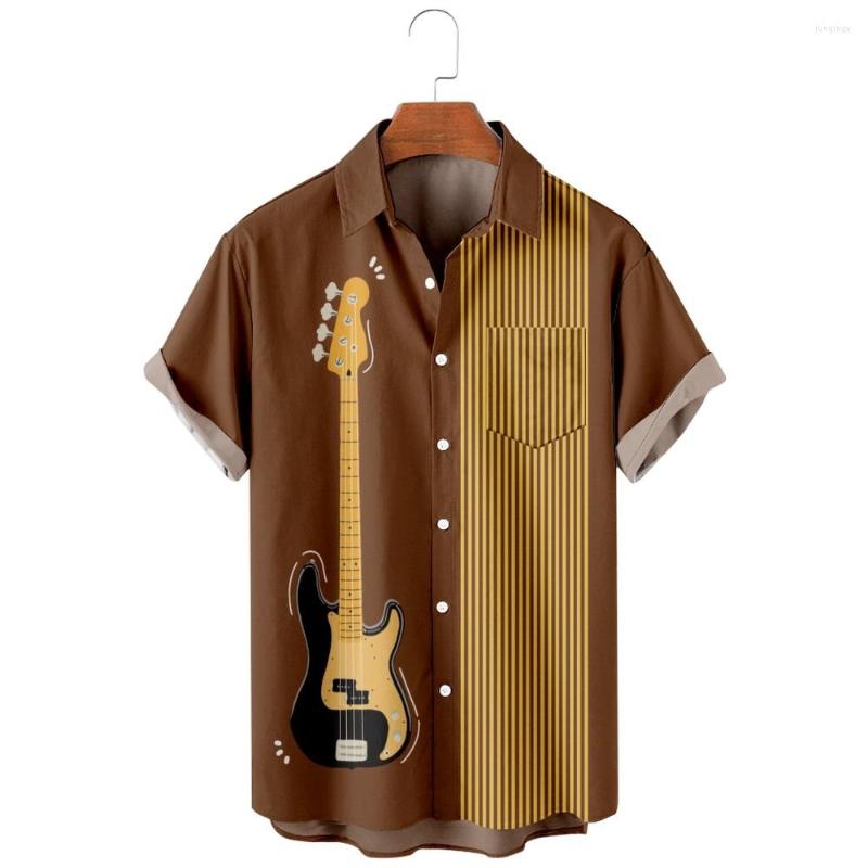 

Men's Casual Shirts 2022 Electric Guitar Pattern He Stripe Print Shirt Fashion Simple Style Hawaiian Beach Men's Summer Pocket, A606-black