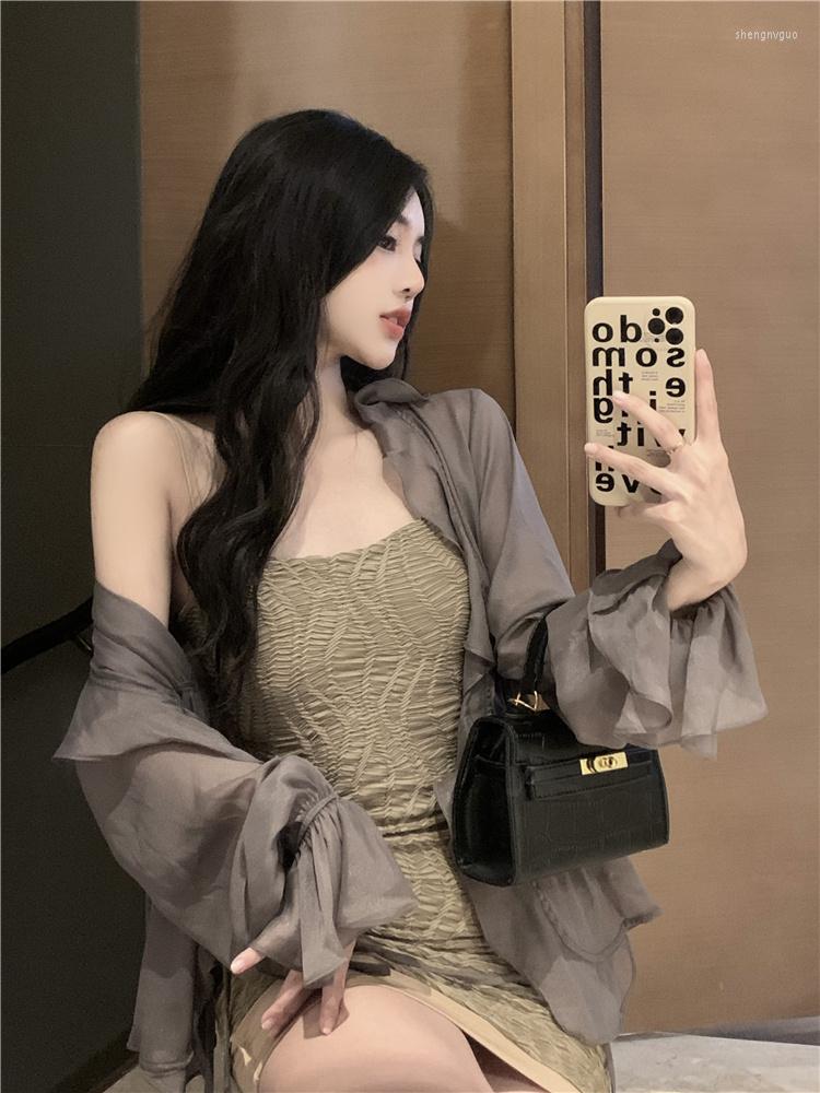 

Women's T Shirts GY0741 2022 High Class Spice Girl Slim Wrapped Short Skirt Temperament Versatile Strap Dress Female Fashion, Black