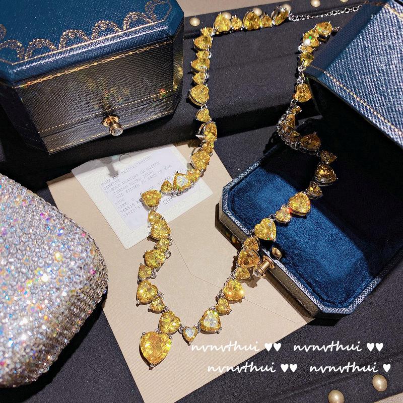 

Choker Bright Luminous Sunset Yellow Peach Heart Gem Necklace 18K Gold Plated Zircon Fully Jeweled Loving Clavicle Chain