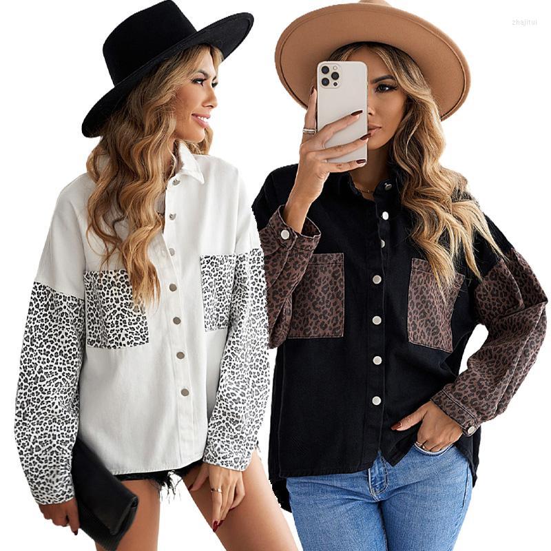 

Women' Jackets Women' 2022 High Quality Women Clothes Contrast Leopard Long Sleeves Ladies Denim Jacket, Black