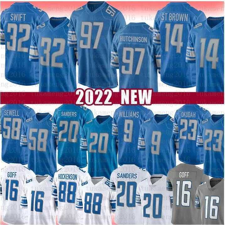 

Football Jersey Detroit''Lions''97 Aidan Hutchinson 5 DeShon Elliott 14 Amon-Ra St. Brown 20 Barry Sanders 16 Jared Goff 32 D'Andre Swift 88 T.J. Hockenson, Color