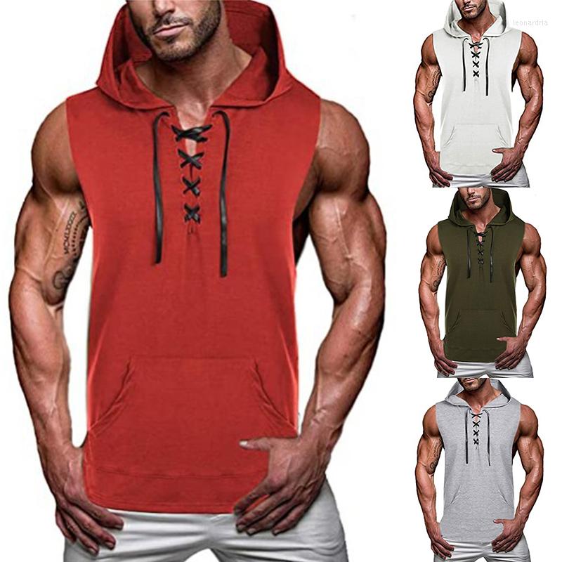 

Men's Tank Tops Solid Color Hooded Tie T-shirt Man Sleeveless Hoodie Workout Gym Bodybuilding Training Top Vest With Material Cotton, 850black