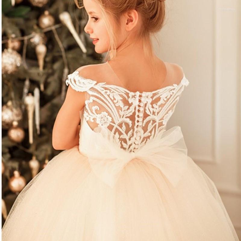 

Girl Dresses Tulle Lace Flower Long Train With Bow Birthday Wedding Party Princess Banquet Ball Gown Kids For Girls 2022, Ivory